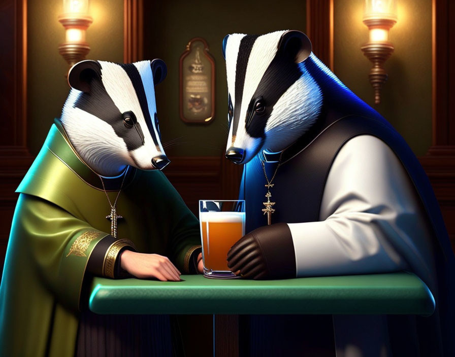 Anthropomorphic badgers in priest outfits enjoying a drink in a cozy bar