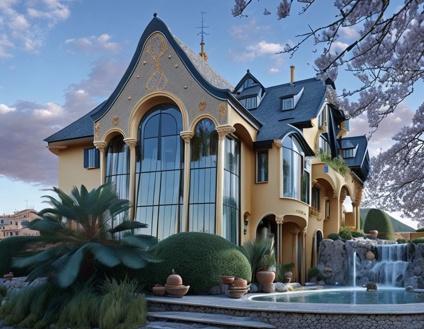 Unique Curved House with Gold Accents & Gardens