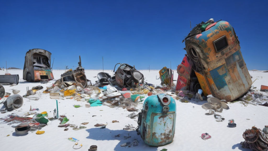 Snowy landscape with trash and rusty vehicles under blue sky