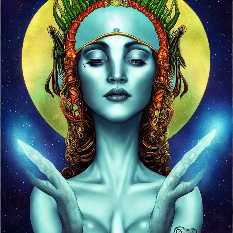 Mystical female figure with blue skin and glowing hands in cosmic setting