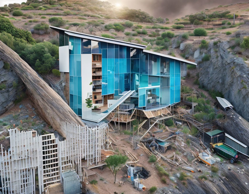 Modern Hillside House with Large Glass Windows and Unique Angular Architecture