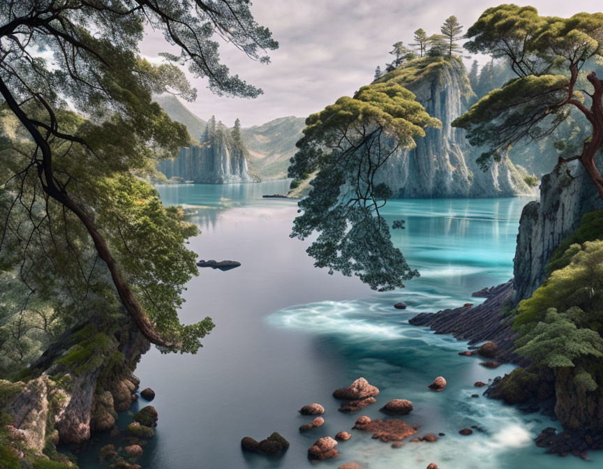 Tranquil landscape: turquoise river, lush cliffs, trees, cloudy sky