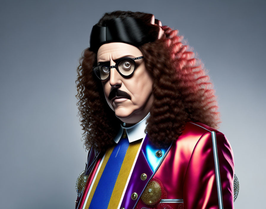 Character illustration with black headband, round glasses, curly hair, mustache, and shiny purple jacket