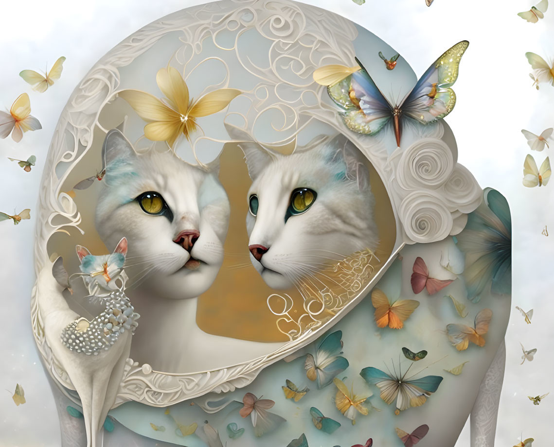 White Cats with Green Eyes Reflected in Ornate Mirror Surrounded by Butterflies