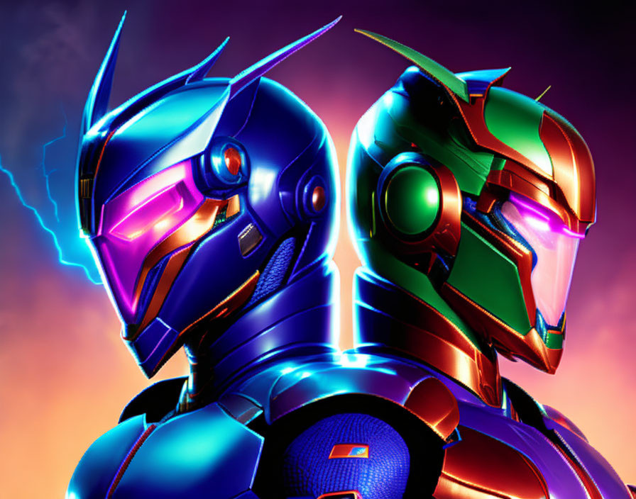 Futuristic blue and green glowing visor helmets on vibrant purple and orange backdrop