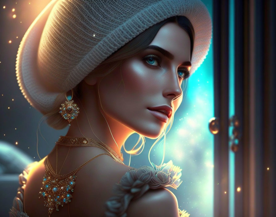 Digital artwork: Woman in white hat with gold jewelry, luminous effect.