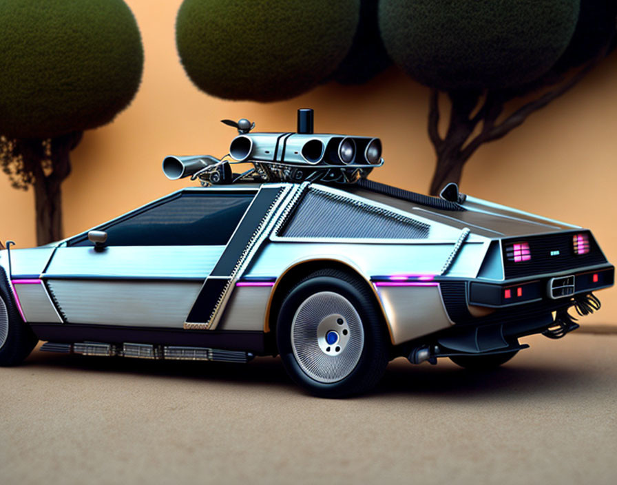 Stylized metallic silver DeLorean car with time-travel mods and neon accents on orange sky