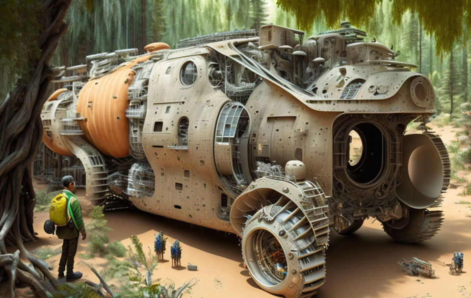 Futuristic vehicle with cylindrical modules in forest setting