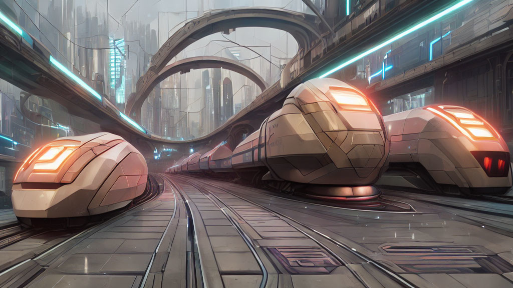 Sleek trains on advanced tracks in futuristic cityscape