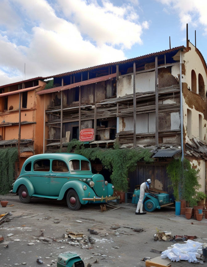 Vintage teal car parked by dilapidated building under cloudy skies