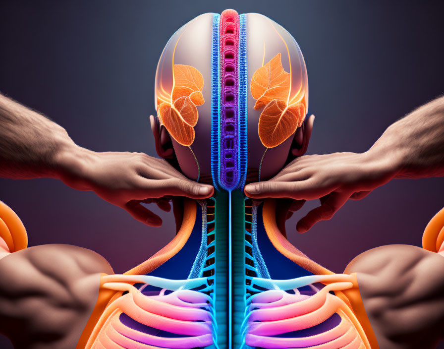 Conceptual image: Hands unzipping human figure to reveal colorful anatomy on purple background