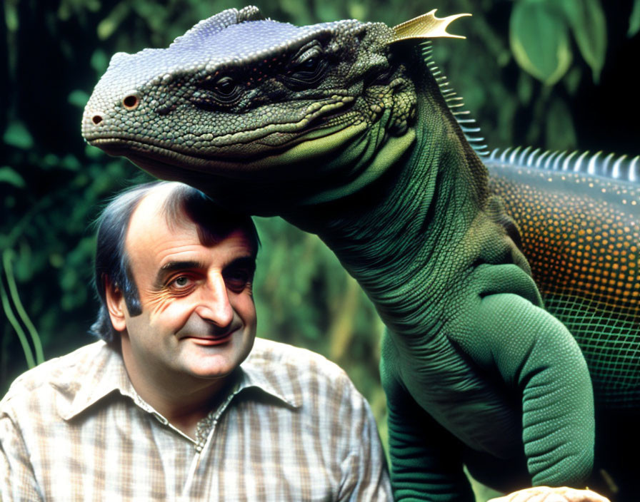 Man with large green and blue lizard on shoulder in leafy setting