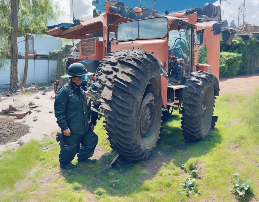 Worker in blue uniform beside orange tractor on sunny day