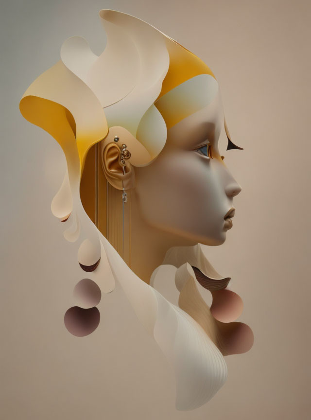 Surreal female profile portrait with flowing hair and abstract shapes