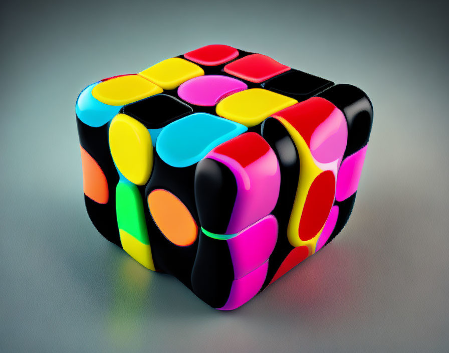 Colorful modern Rubik's Cube with rounded design & neon-like colors on grey background