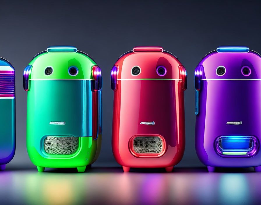 Three Colorful Futuristic Robots with Green, Red, and Purple Colors