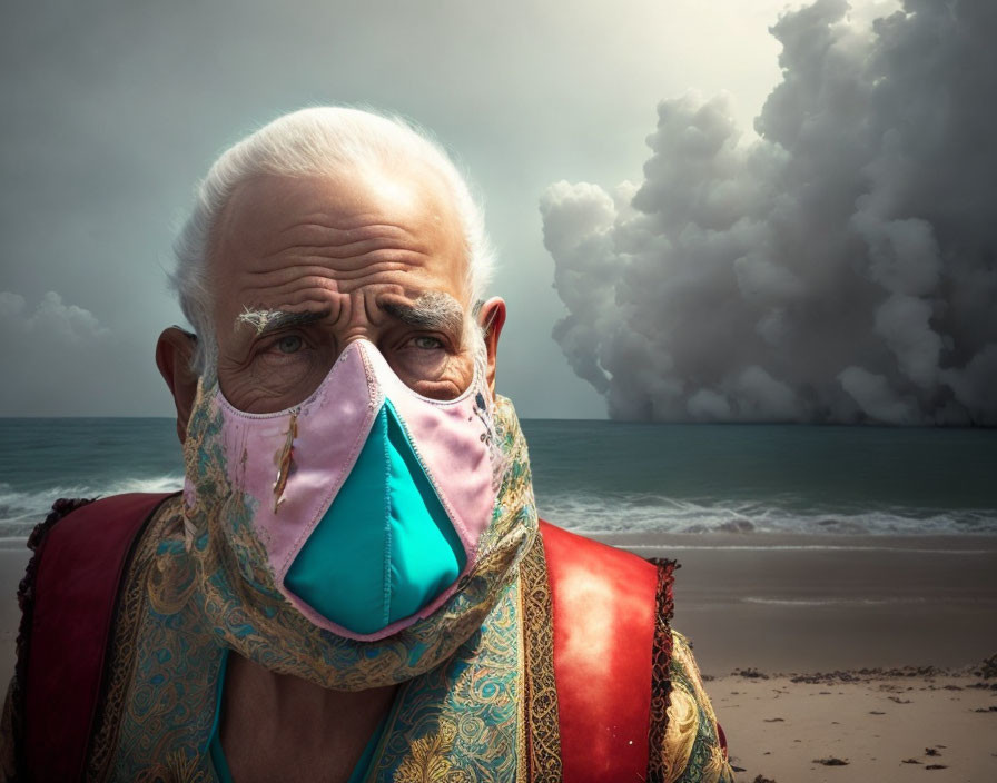 Elderly person with white hair wearing colorful mask on beach with dramatic clouds.