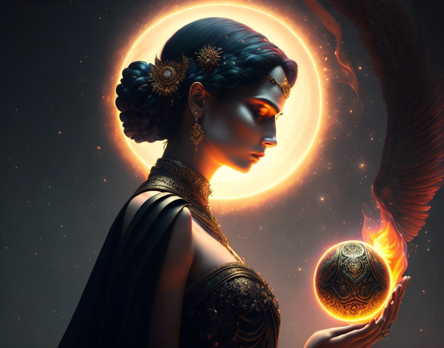 Mystical woman with ornate jewelry holding a flaming orb during a solar eclipse