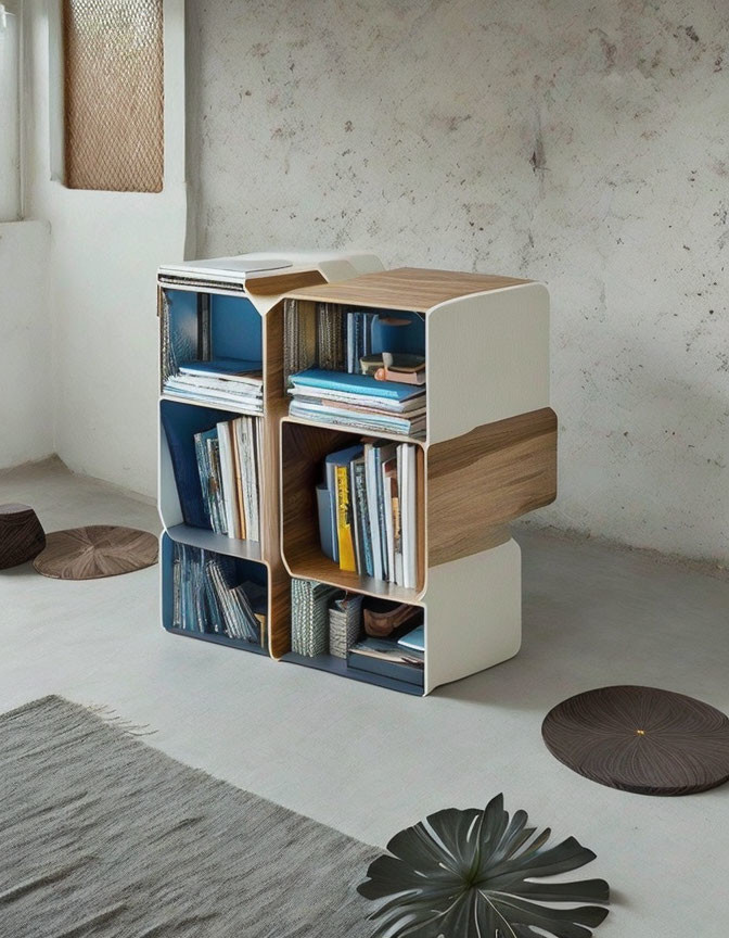 Contemporary modular bookshelf with open and closed compartments in minimalist room