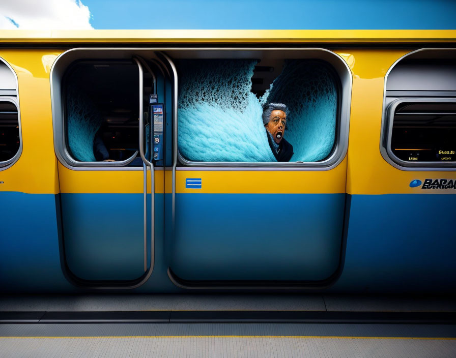 Startled person in yellow train carriage with photoshopped wave crash