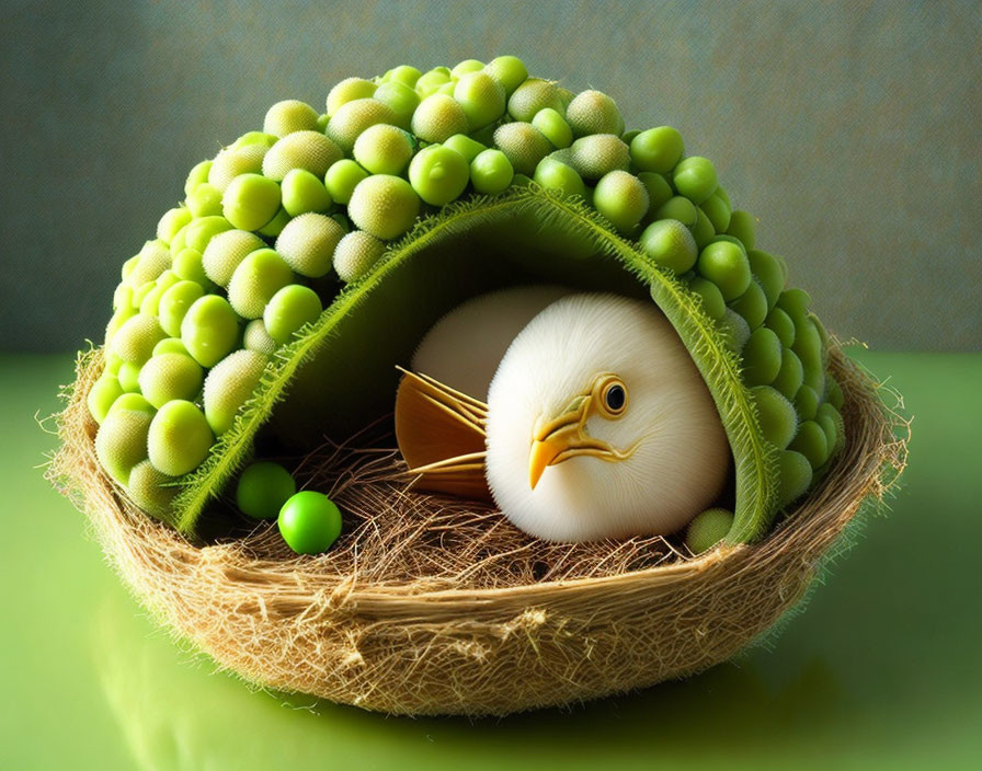 Whimsical digital artwork: Bird with book wings in pea pod nest