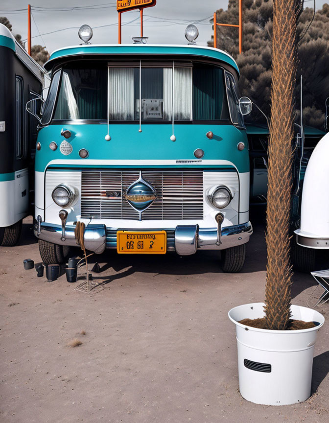 Vintage Turquoise and White Bus Next to Potted Plant in Desert Environment