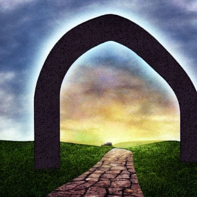 Cobblestone Path Through Grassy Landscape to Distant Building