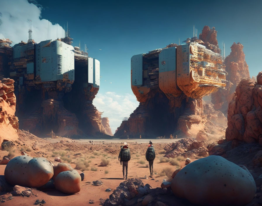 Futuristic desert landscape with floating structures and figures walking among rocky terrain