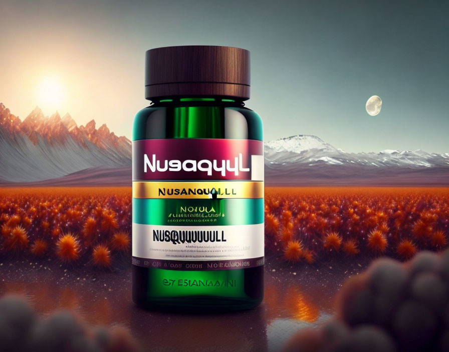 Surreal landscape with orange grass, mountains, and moon pills bottle