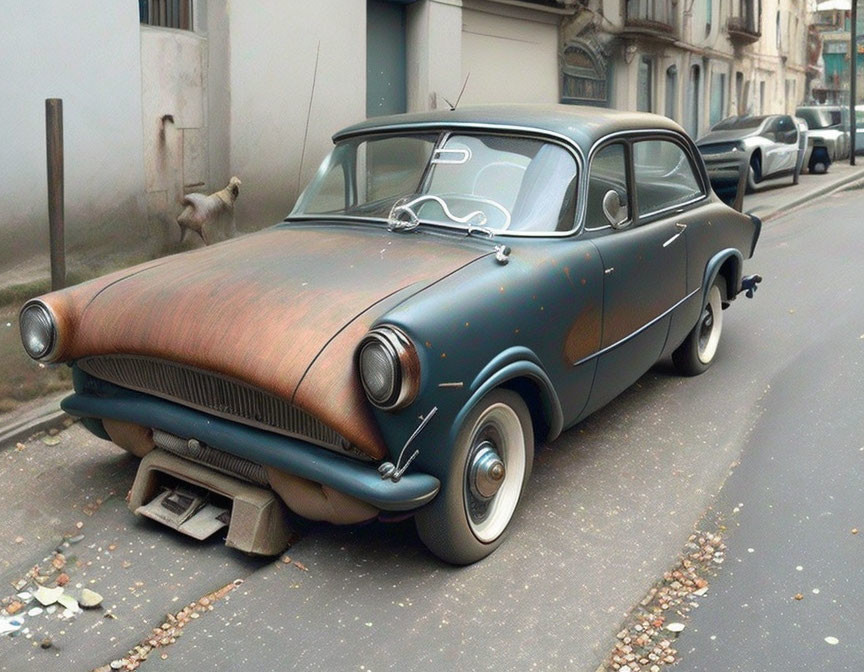 Vintage car with rounded front design among modern vehicles on street