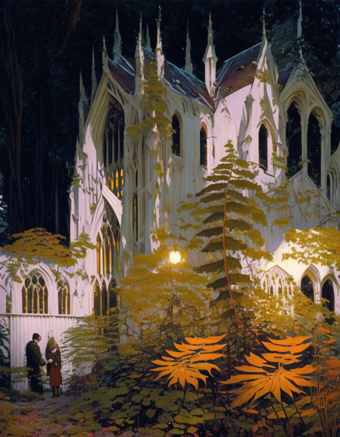 Illuminated Gothic cathedral in twilight forest with figures and autumn foliage