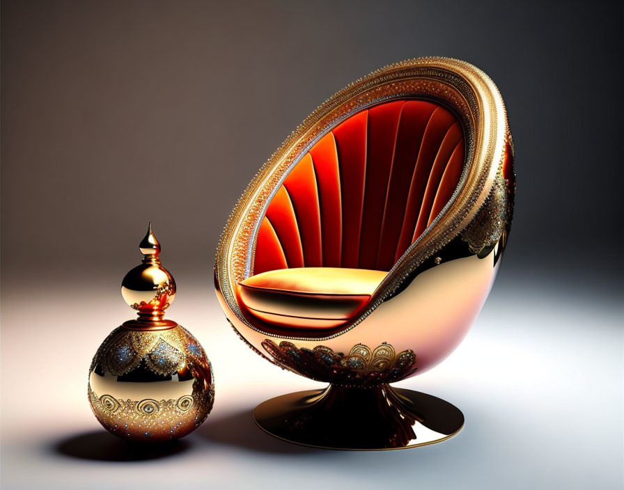 Luxurious red and gold spherical chair with decorative ornament on reflective surface