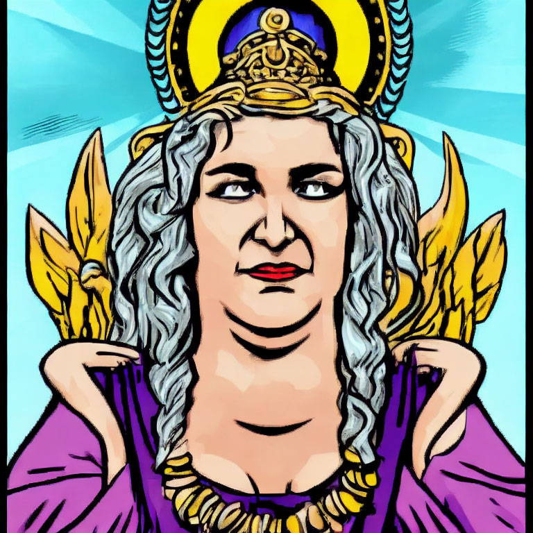 Detailed illustration of stern-faced woman in purple robe with golden accessories and wing motifs.