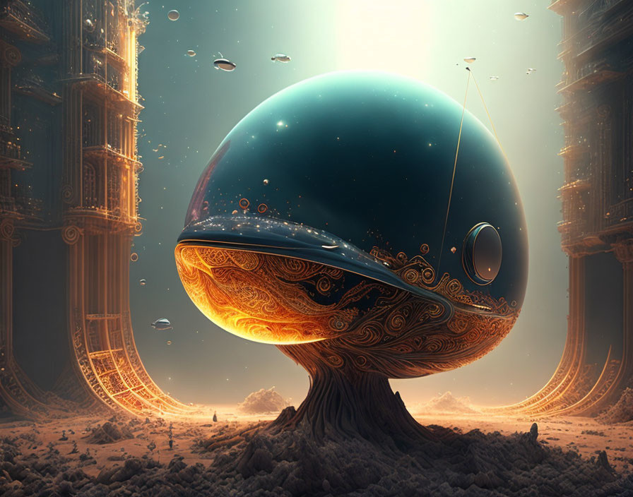 Surreal landscape with glossy oval structure on tree-like base