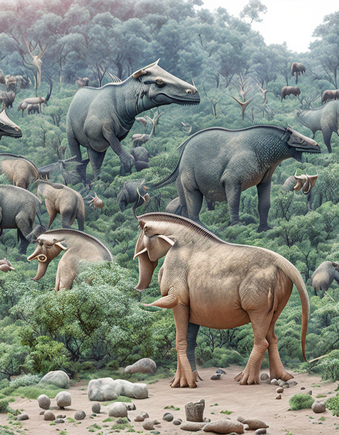 Prehistoric scene with sauropods and triceratops in lush forest