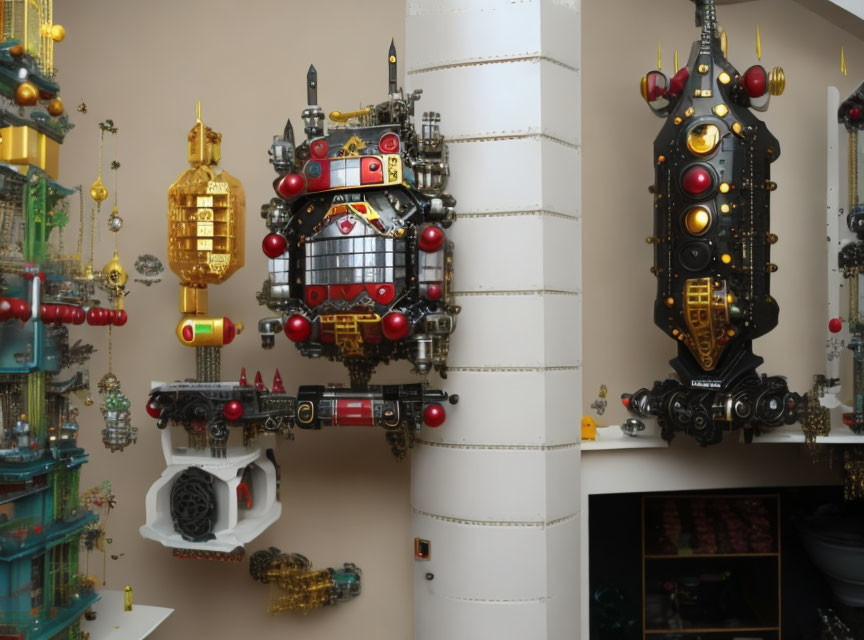 Steampunk-style wall art installation with mechanical and ornamental elements