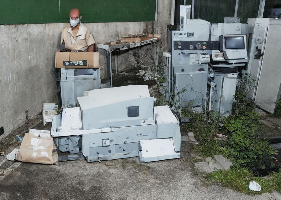 Elderly man surrounded by discarded electronics in outdoor setting