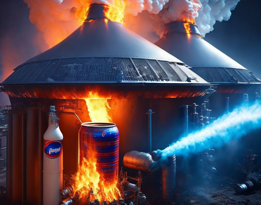 Industrial scene with furnaces, burning barrel, and pressurized tank emitting blue substance