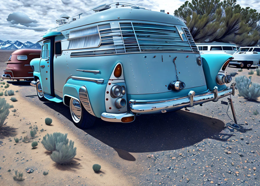 Vintage Teal and Silver Trailer with Retro Car in Desert Setting