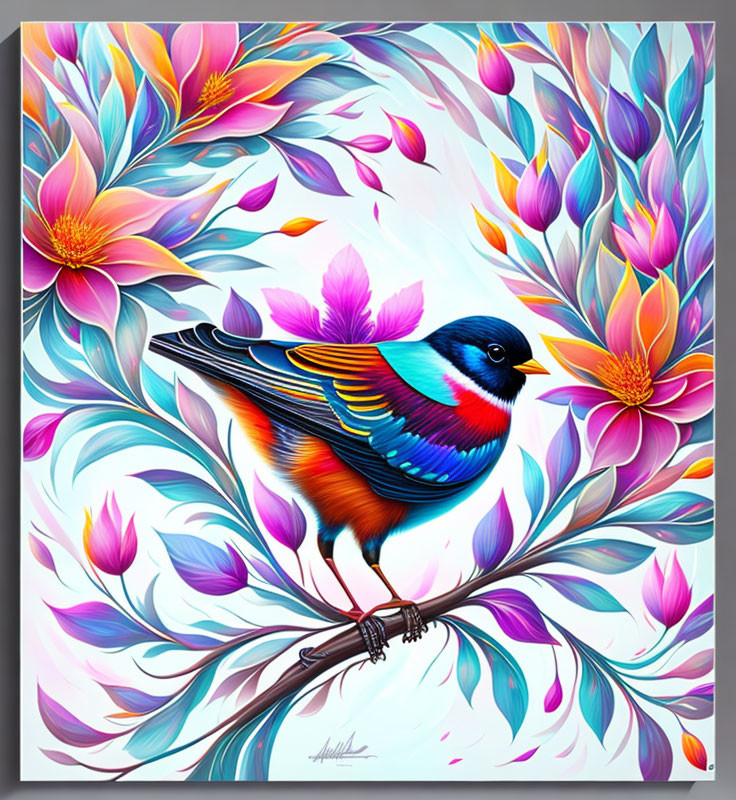 Vibrant bird illustration on branch with colorful flowers