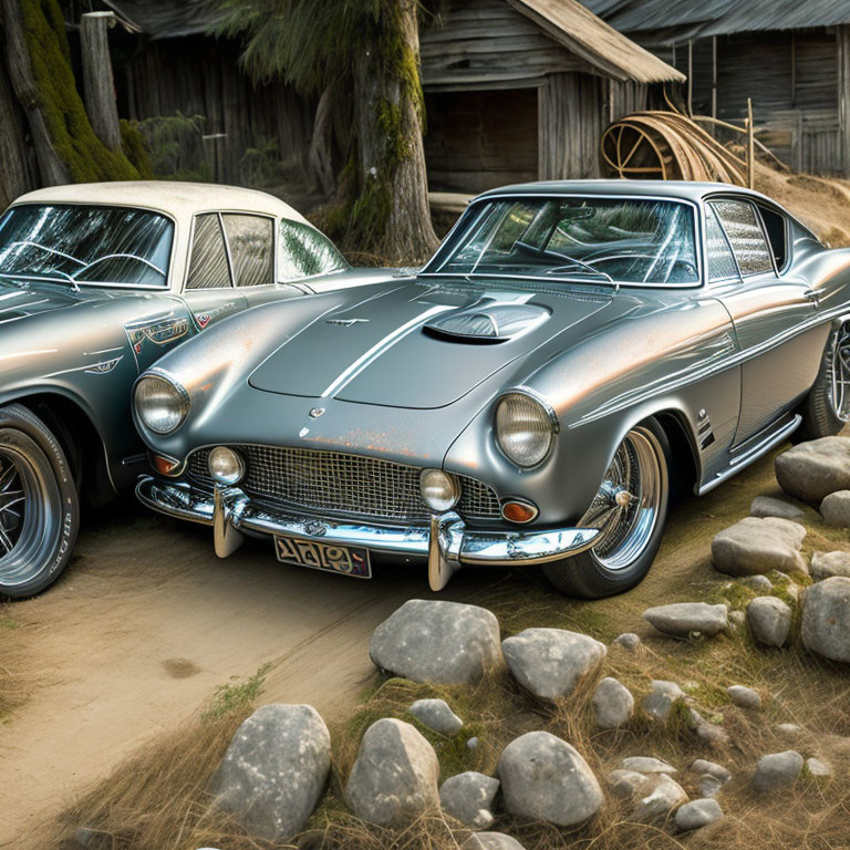 Vintage cars parked near wooden building with wheelbarrow, rocks, and trees.