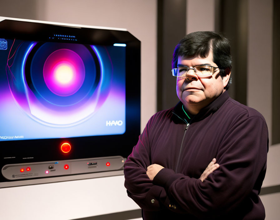 Person in Purple Sweater with Glasses Standing by Colorful Scientific Image