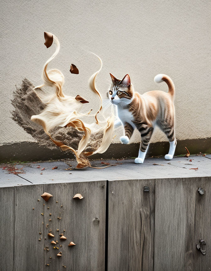 Cat knocking over coffee cup creates dynamic splash with scattered coffee beans