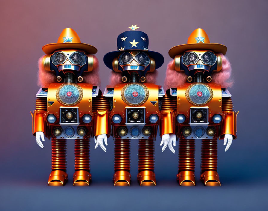 Vintage Toy Robots in Orange and Gold with Star-Patterned Hats