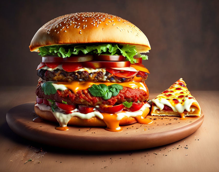 Gourmet burger with beef patty, cheese, tomatoes, lettuce, on wooden plate with cheese pizza