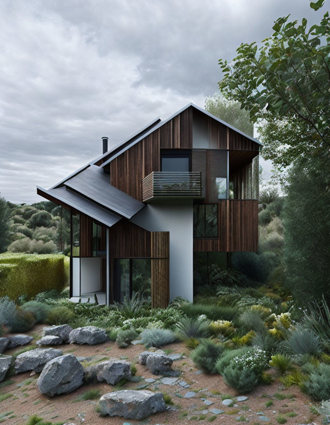 Dark Wood Panel Two-Story House in Natural Landscape