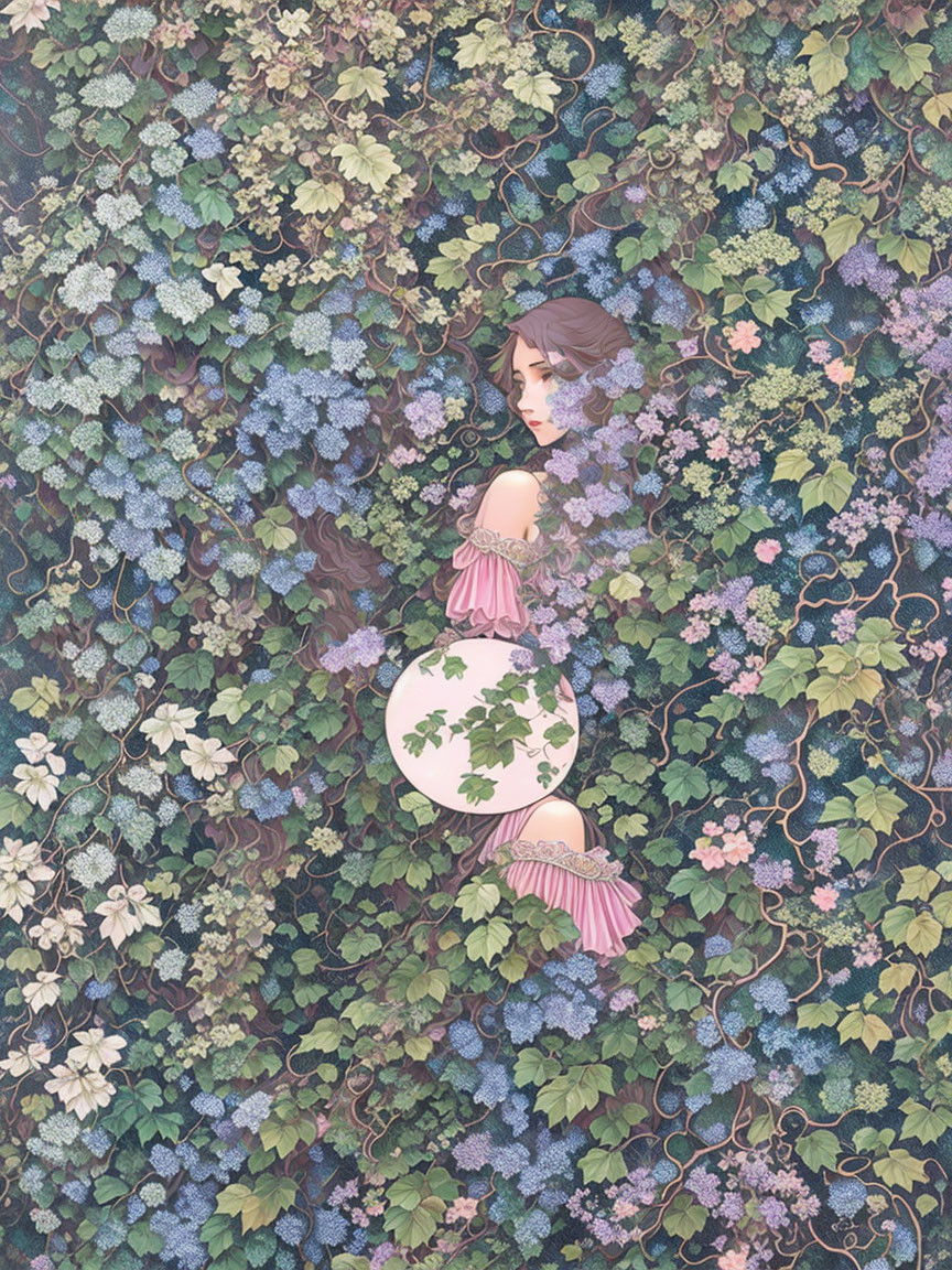 Traditional attired woman obscured by green foliage and purple flowers with round fan.