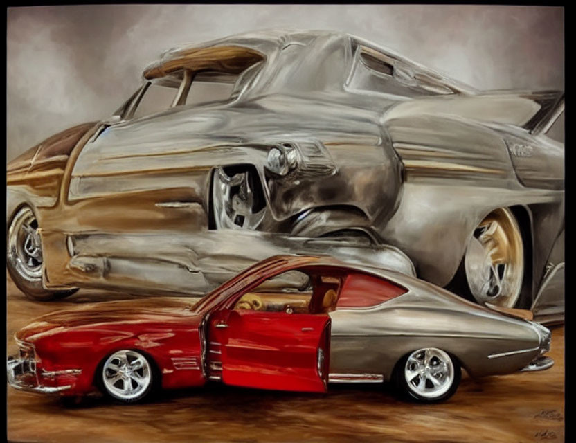 Classic cars painting with red and mirrored finish in motion on brown backdrop