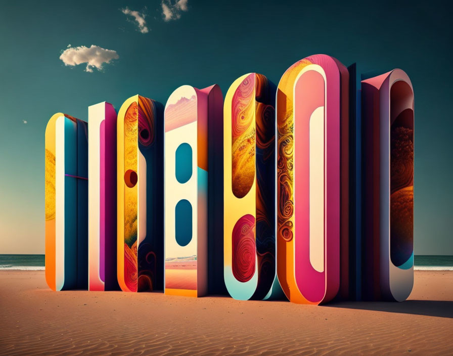 Vibrant 3D "BEACH" letters on sandy shore under clear sky