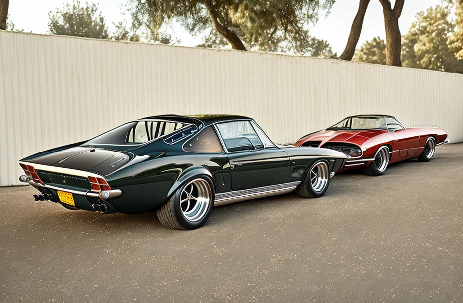 Classic Dark Green Coupe & Red Convertible Parked Together Among Trees